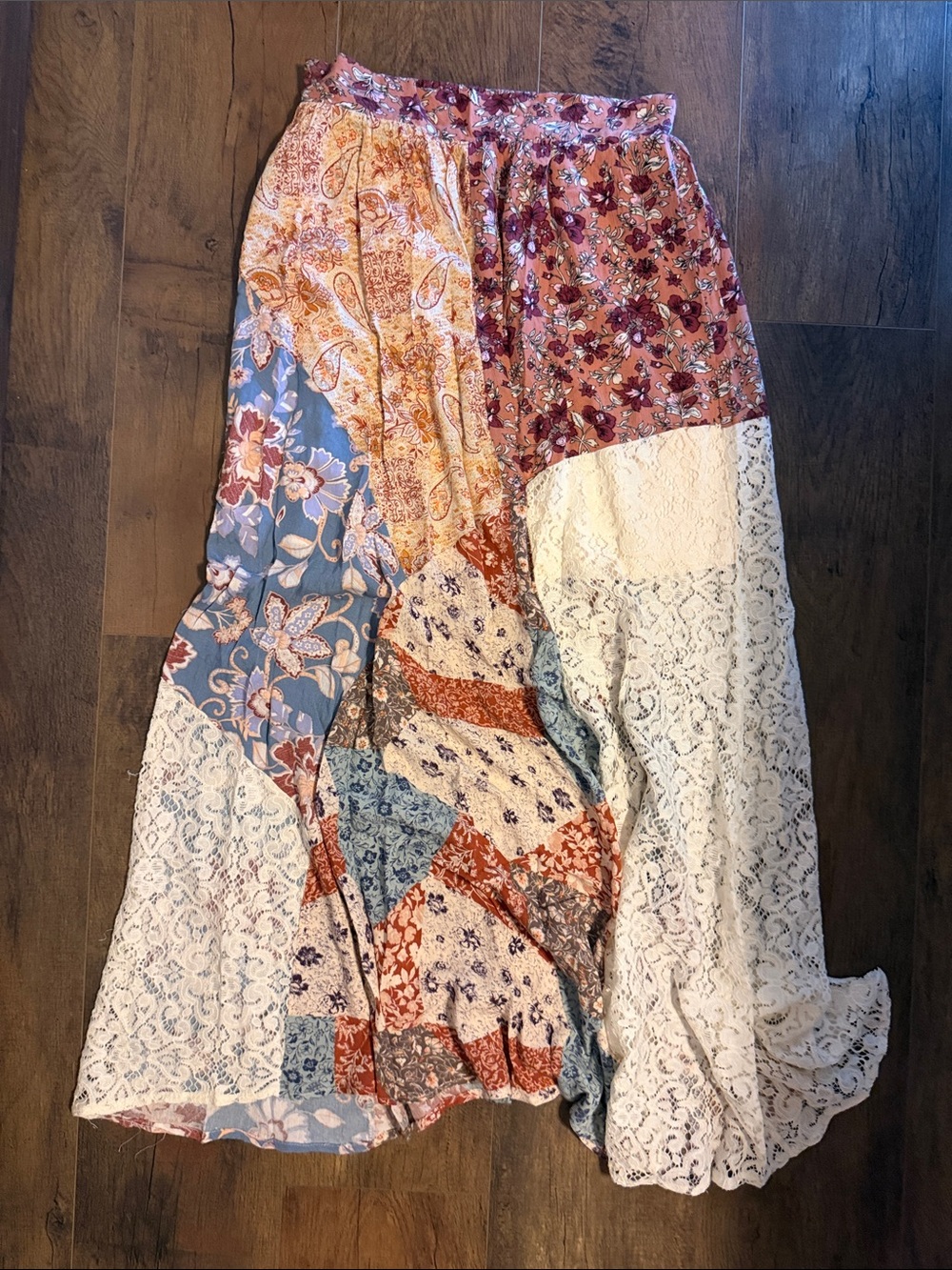 gimmicks by BKE Patchwork Floral Lace Maxi Skirt in Blue, Cream, Rust, Pink